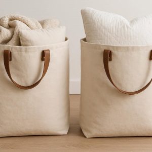 Large Canvas Storage Bags with Leather Handles for Blankets and Pillows