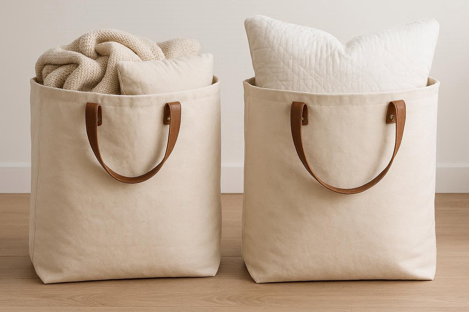 Large Canvas Storage Bags with Leather Handles for Blankets and Pillows