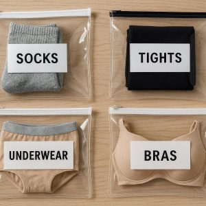 Clear Vinyl Zippered Storage Bags with Labels for Small Wardrobe Items