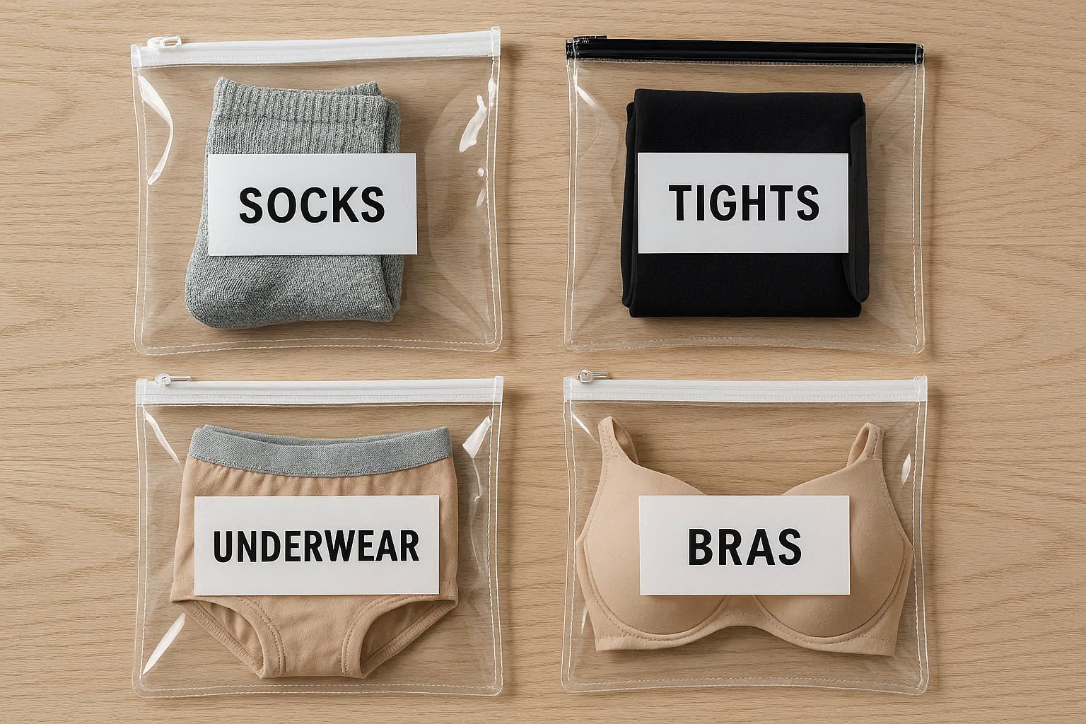 Clear Vinyl Zippered Storage Bags with Labels for Small Wardrobe Items