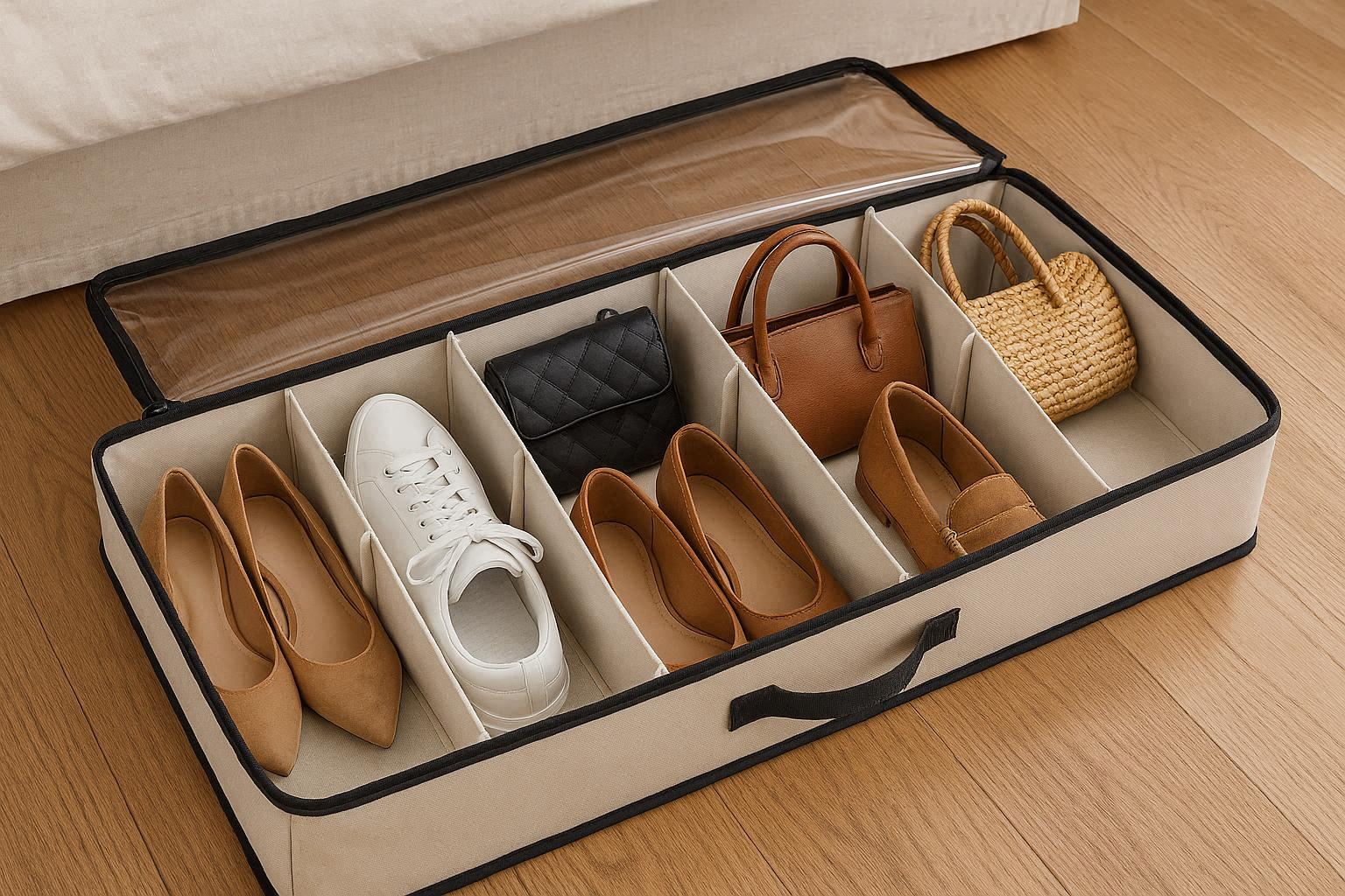 Underbed Storage Container with Dividers for Shoes and Handbags